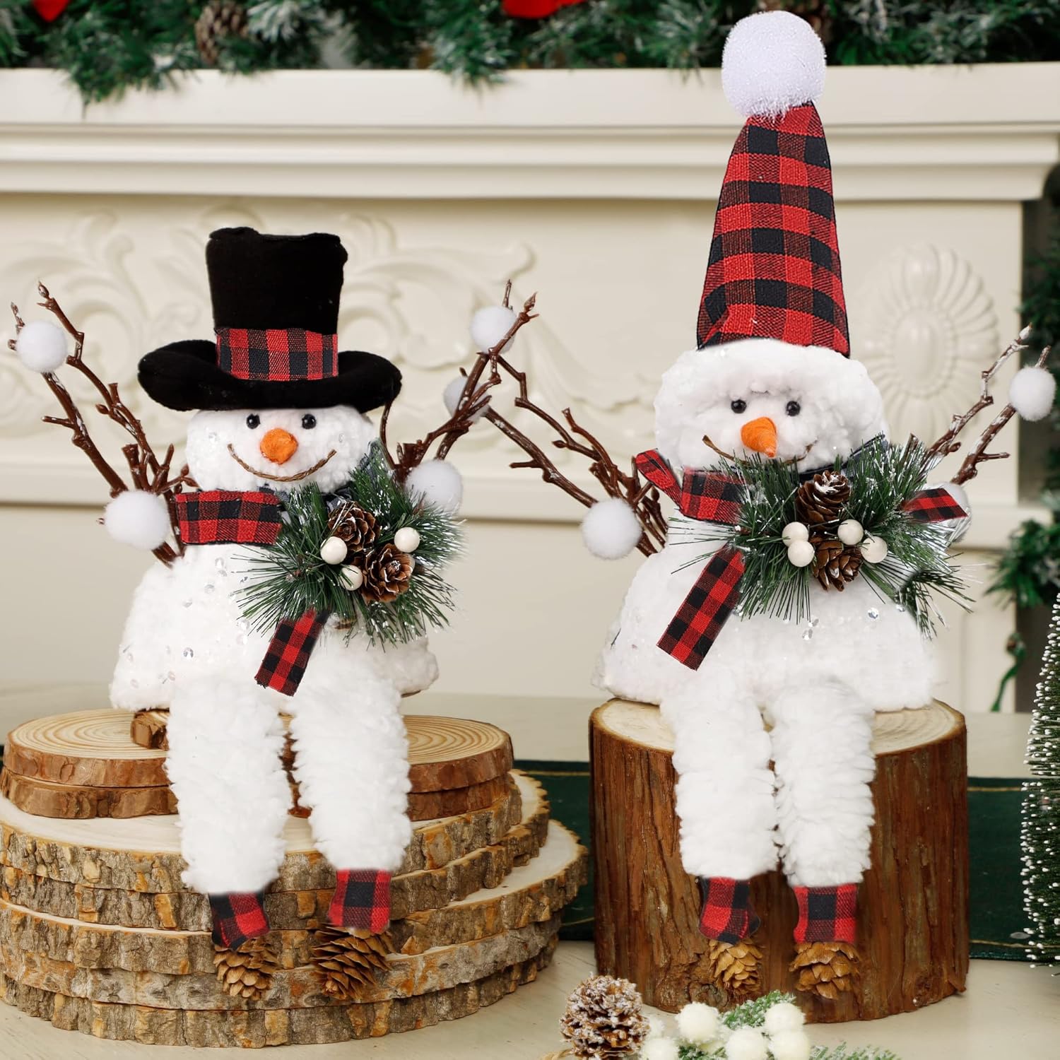 Trees - Lulu Home Set of 2 Christmas Snowman Ornaments for Table Mantel Desk Fireplace Home Holiday Decor (Red and Black)