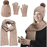 QUIRAI Winter Hat Gloves Scarf Set Women,Fleece Lined Beanie with Pom,Scarf Touchscreen Gloves,Valentine's Day Gifts for Her