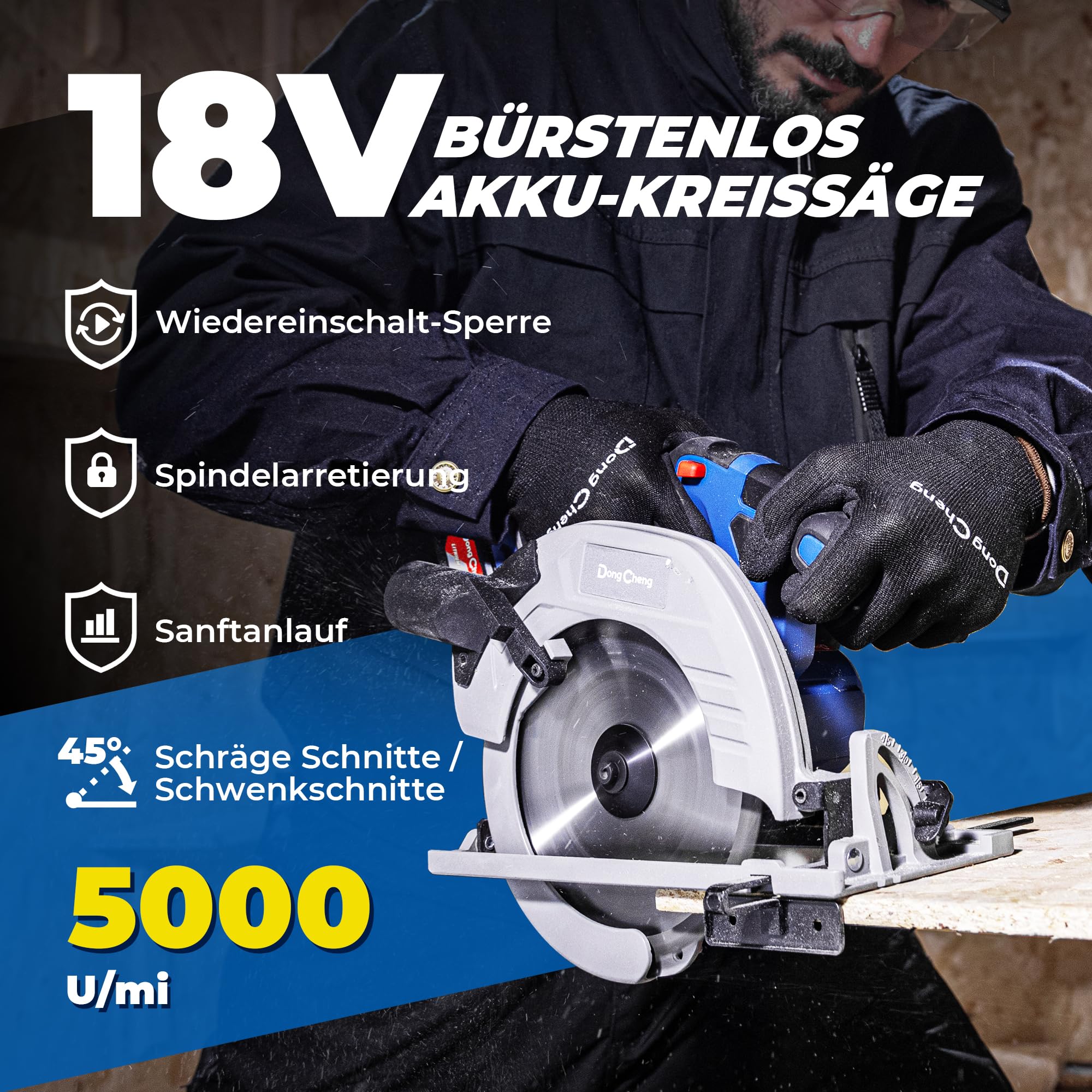 Dong Cheng 18V Akku Handkreissäge Ø185mm, 5000RPM, Schnitttiefe 65 mm, 0-45° (inkl. Ø185 x Ø20 mm Sägeblatt, Akku/Ladegerät, BOXX) DCMY02-185 3