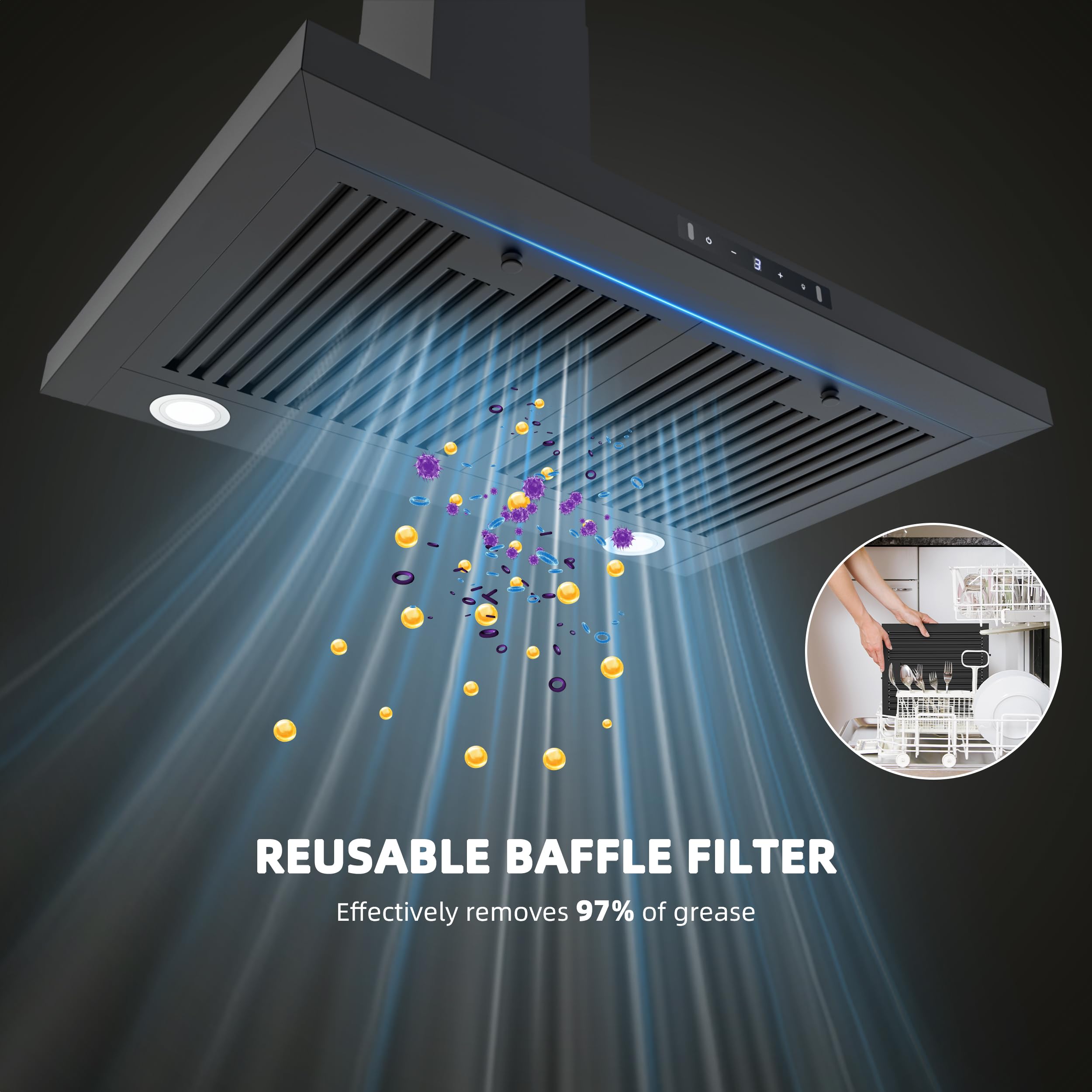 FIREGAS Black Range Hood 30 inch, 450 CFM Wall Mount Range Hood with Ducted/Ductless Convertible, Gesture Sensing Control & Touch Control Kitchen Hood Vent, Baffle Filters, Charcoal Filters