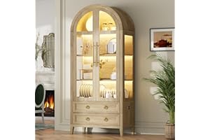 Vlsrka 71" Arched Curio Cabinet with Glass Doors, 4-Shelves Display Cabinet and 2 Drawers, Display Case with 3 Color Lights, Tall Bookcase, Kitchen Pantry, Wood Color