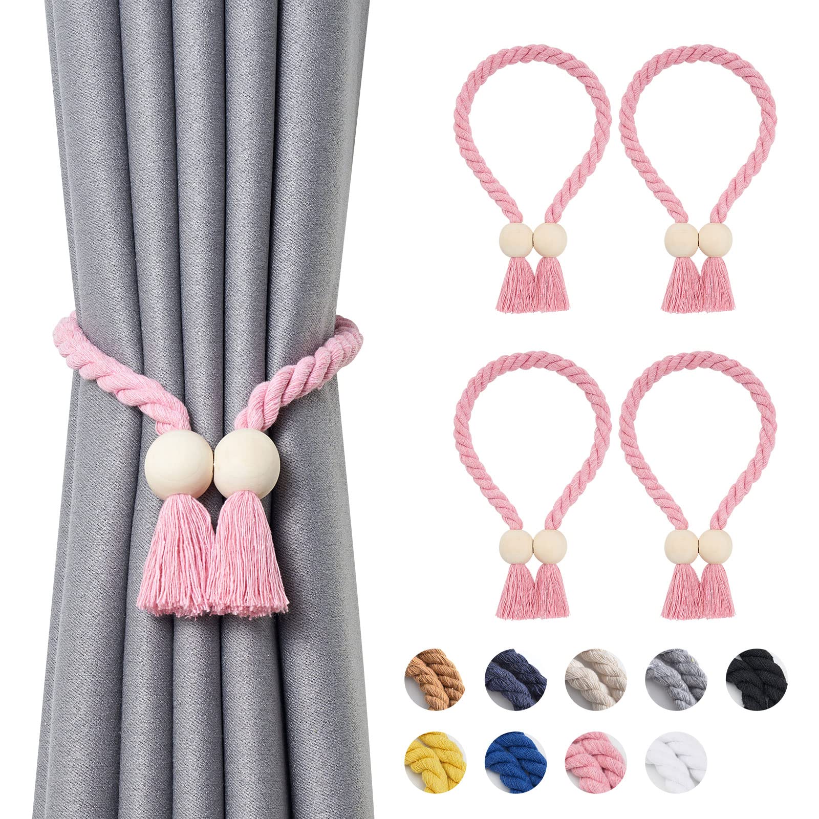 Pretty Jolly 4 Pack Wooden Ball Magnetic Curtain Tiebacks Boho Home Decor Drape Tie Backs Natural Cotton Hand Woven Rope Curtain Holdbacks for Thin & Thick Home & Office Window Draperies (Pink)