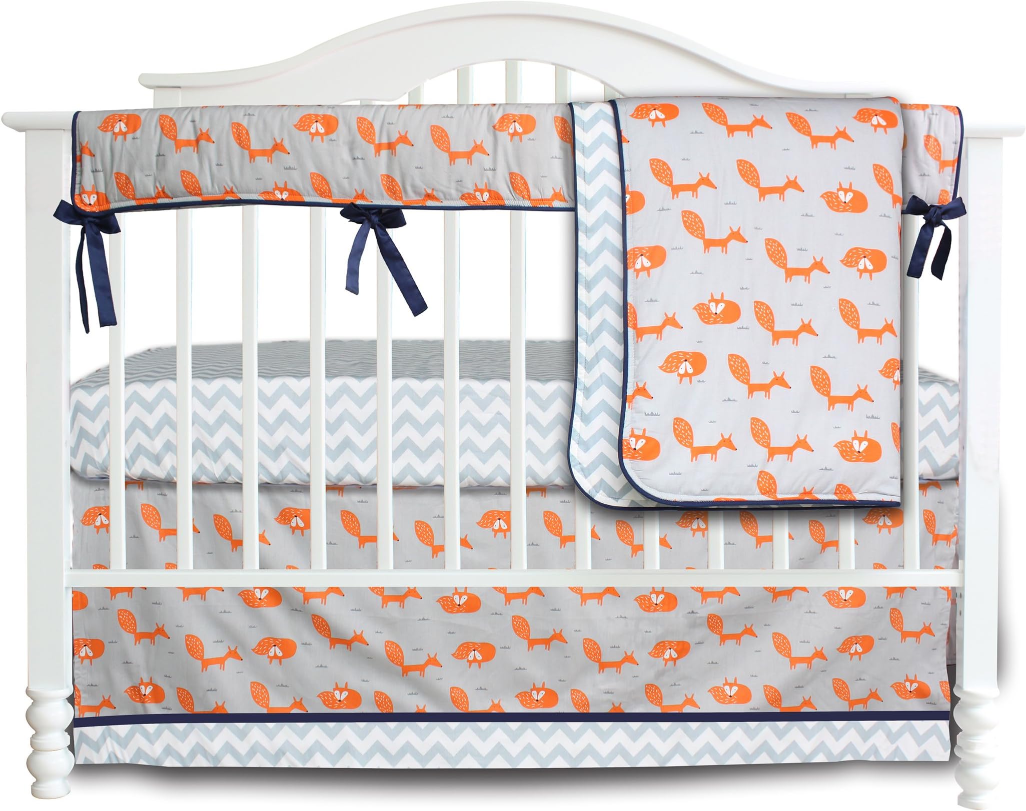 Sahaler 4 Pieces Set Fox Grey Chevron Crib bedding set Baby Crib Nursery Bedding Set with Crib Rail Cover (4 PCS Set)