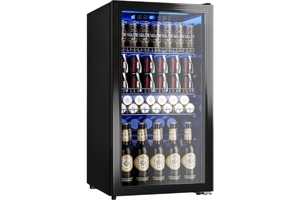 Manastin Beverage Refrigerator Cooler-130 Cans Freestanding Mini Fridge Cooler with Glass Door, Adjustable Shelves & Digital Temperature Display for Soda, Wine or Beer (Black, 3.2 Cu.Ft)
