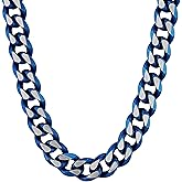 Men's Stainless Steel Cuban Link Chain Bracelet and Chain Necklace - Bold Blue Finish - Choice of Length