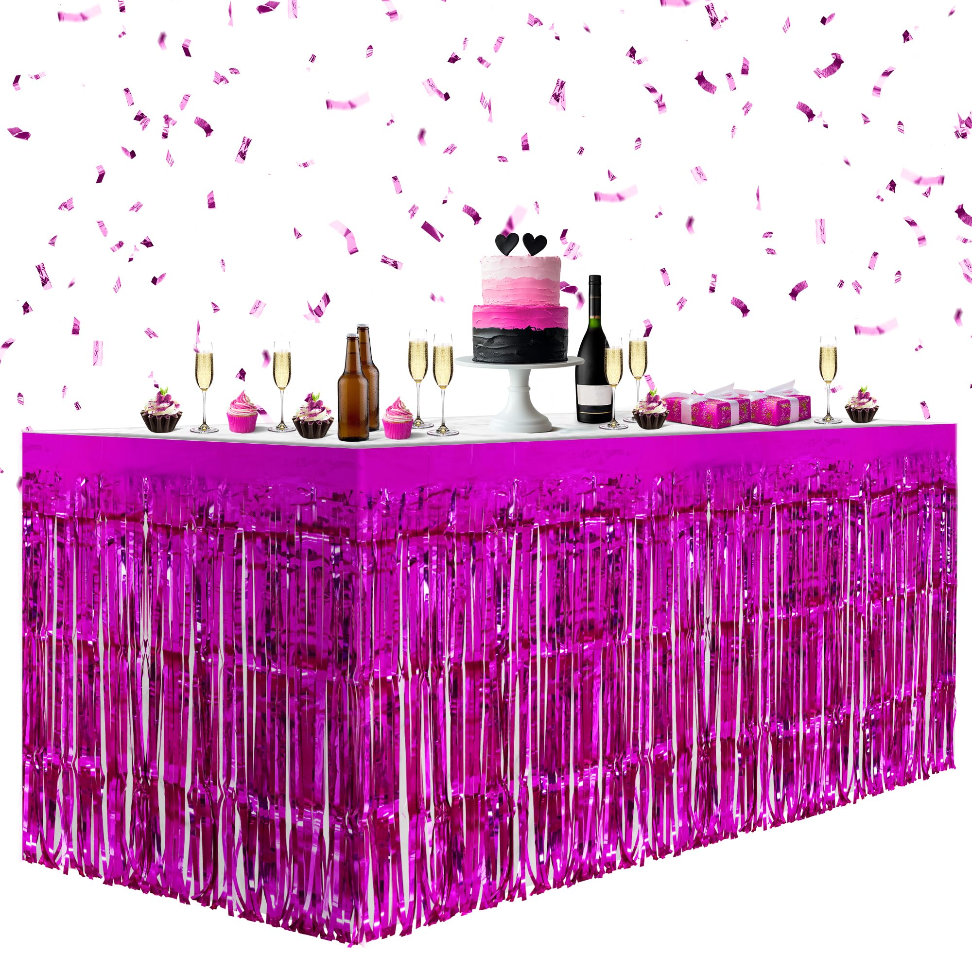 Photo 1 of 2 Pack Rose Red Table Skirts, Metallic Foil Tinsel Fringe Table Skirts for Rectangle Tables Streamer Curtains Backdrop, Party Decorations for Birthdays Weddings Holidays