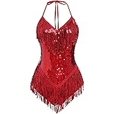 IBAKOM Sexy Sequins Fringe Bodysuit Halter Lace Up Back Jazz Latin Dance Tassel Leotard Acrobat Costume Rave Concert Outfits