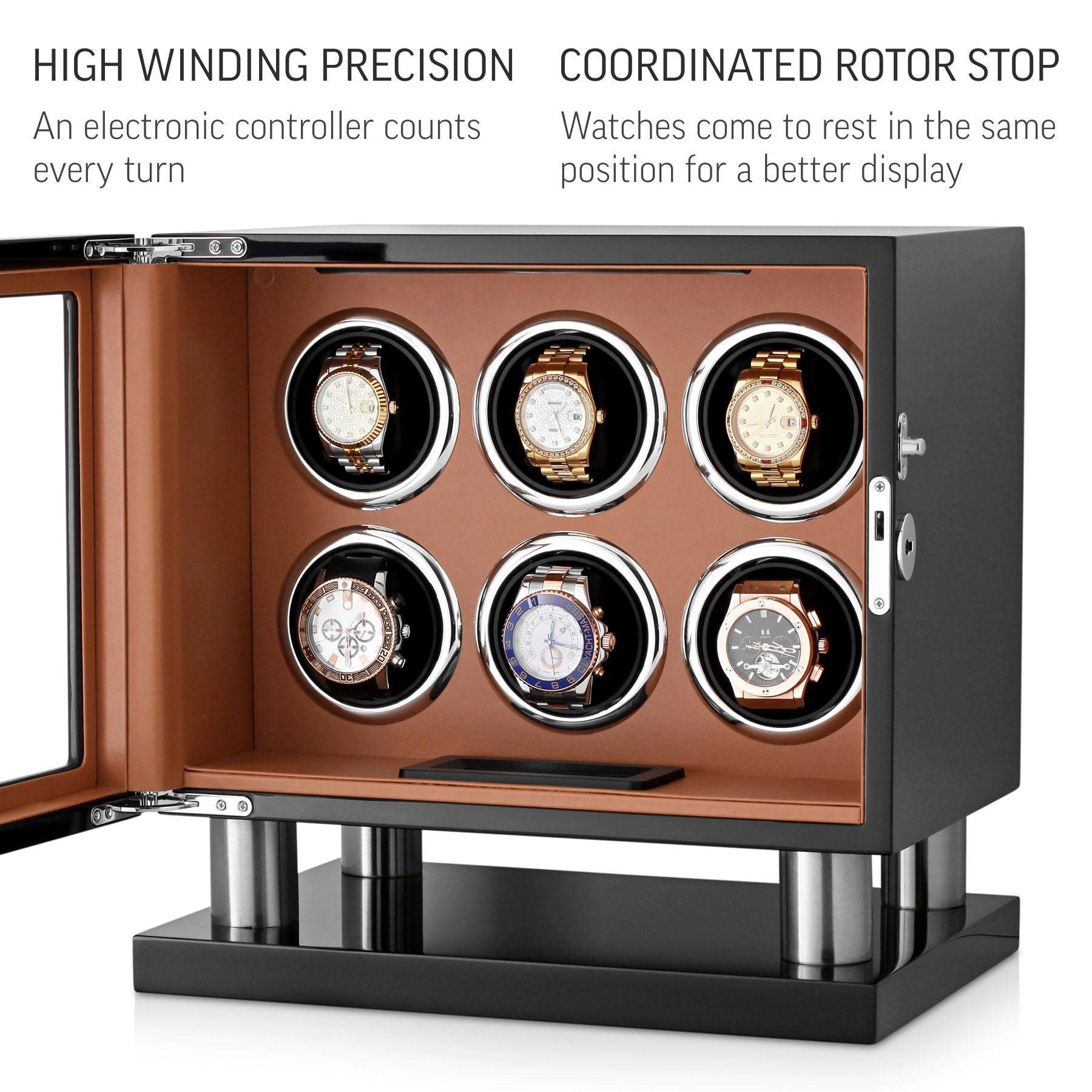 Watch Winder for 6 Watches with LED Backlight, LCD Display and Motor-Stop Option