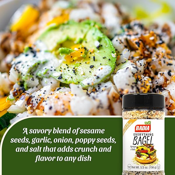 BADIA EVERYTHING BAGEL SEASONING BLEND, 5.5 OZ – SESAME SEED, POPPY SEED, GARLIC, ONION AND SALT