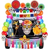 WinnerWhy 100 Pcs Halloween Trunk or Treat Car Decoration Kit with Banner, Fan, Balloon, Tassel, Light String, Sticker for Dia De Muertos Archway Garage