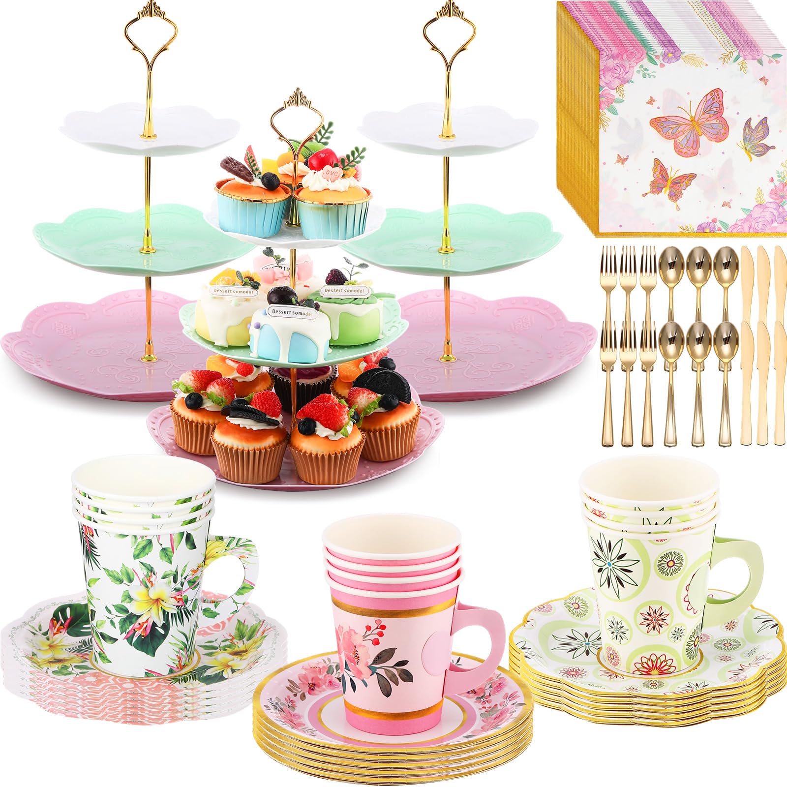 Photo 1 of Layhit 83 Pcs Floral Tea Party Set for Girls Disposable Vintage Tableware with 3-Tier Cake Stand, 12 Serves Paper Cups and Saucers, Plates, Napkins, Cutlery for Birthday, Baby Shower