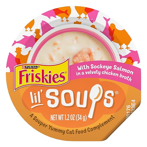PURINA FRISKIES GRAIN FREE LICKABLE CAT FOOD TOPPERS LIL’ SOUPS WITH SOCKEYE SALMON IN CHICKEN BROTH – (PACK OF 8) 1.2 OZ. CUPS