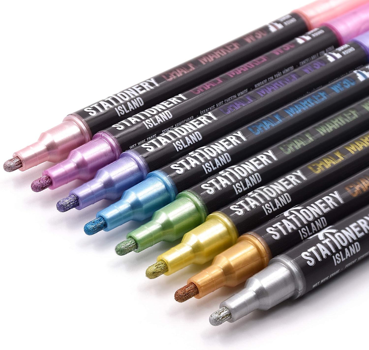 STATIONERY ISLAND Chalk Pens and Liquid Chalk Markers for Blackboard Glass and Window Drawing, Metallic, 3mm 8pc Metallic