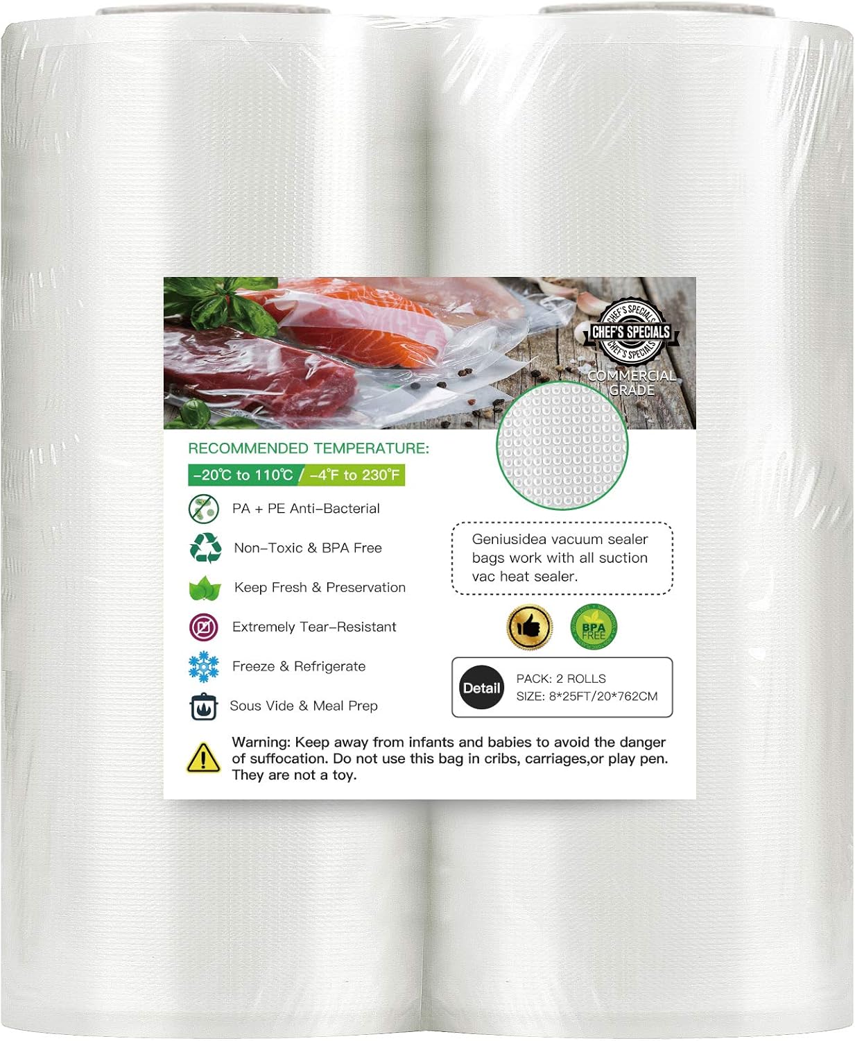 8''x25' Vacuum Sealer Bags for Food Saver (2 PACK), Commercial Grade Sealer Saver Rolls for Meal Prep or Sous Vide, BPA Free, Puncture Prevention, Heavy-Duty