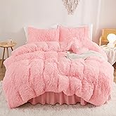annadaif Fluffy Duvet Cover Queen Size, Pink Plush Shaggy Faux Fur Comforter Cover Velvet Bedding Set with Zipper Closure(1 Duvet Cover, 2 Pillowcases)