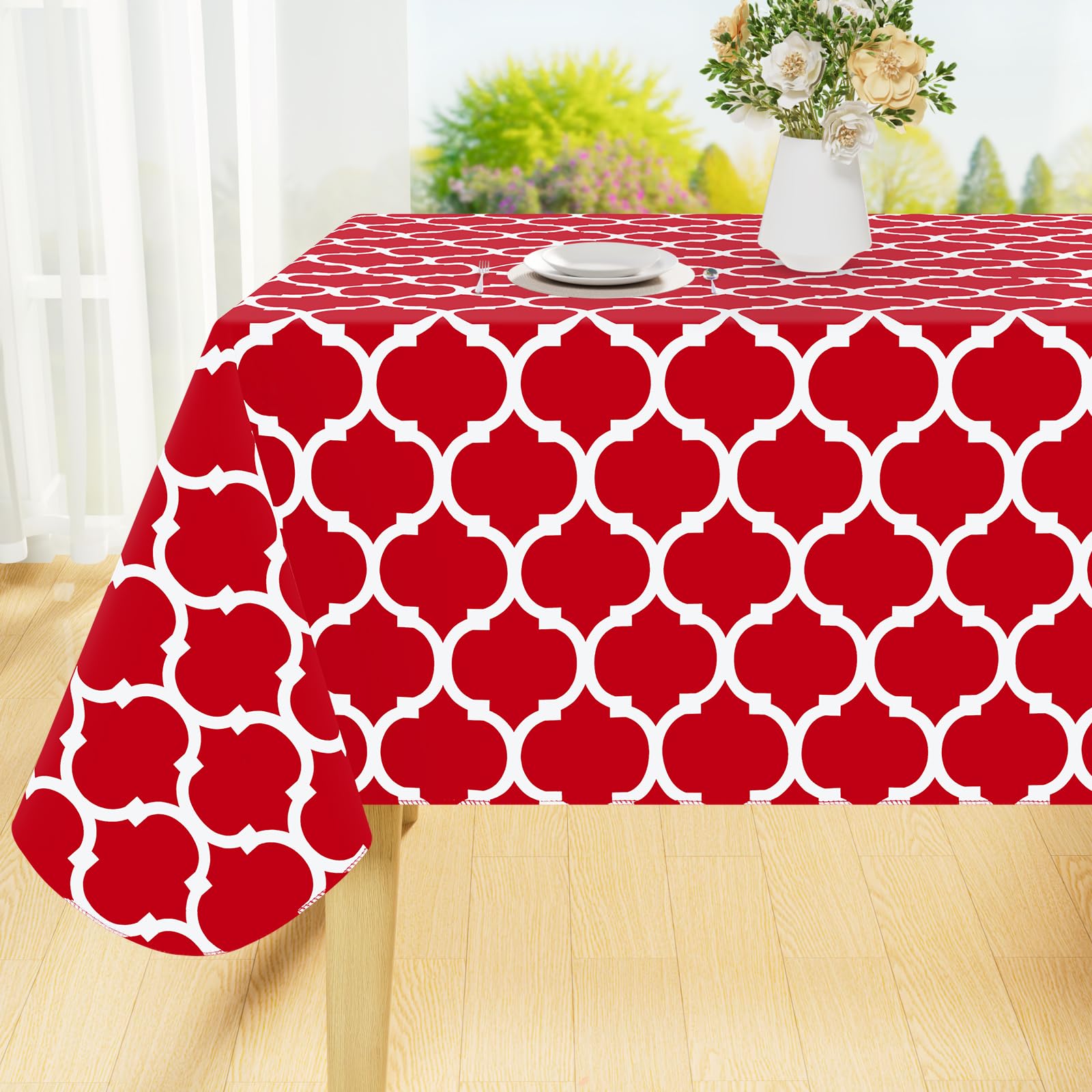 Photo 1 of Smiry Rectangle Table Cloth, Waterproof Vinyl Tablecloths with Flannel Backing, Wipeable Spillproof Plastic Tablecloth for Christmas Decorations, Indoor and Outdoor (60"x102", Red)