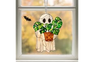 Halloween Faux Stained Glass Ghost Ornaments Acrylic, Halloween Decor Cute Suncatcher, Cute Ghost Gift For Book Lovers, Gothic Fall Decor For Window, Halloween Gifts for Women (Ghost Plant)