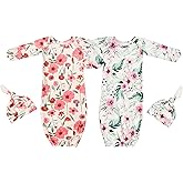 Terriboo Newborn Baby Long Sleeve Sleeper Gown with Mittens Knotted Gown Coming Home Outfit Nightgown with Hat Set 2 Packs