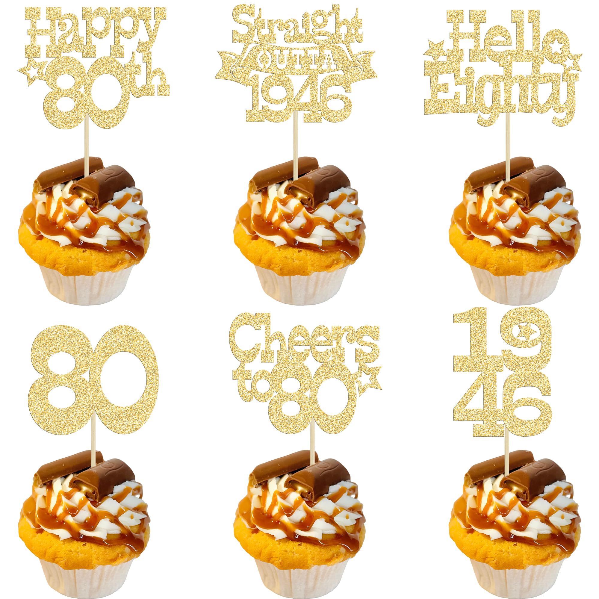Ephlyn 30Pcs Happy 80th Birthday Cupcake Toppers Glitter Eighty Straight Outta 1946 Cupcake Picks Cheers to 80 Years Cake Decorations for Happy 80th Birthday Anniversary Party Supplies Gold
