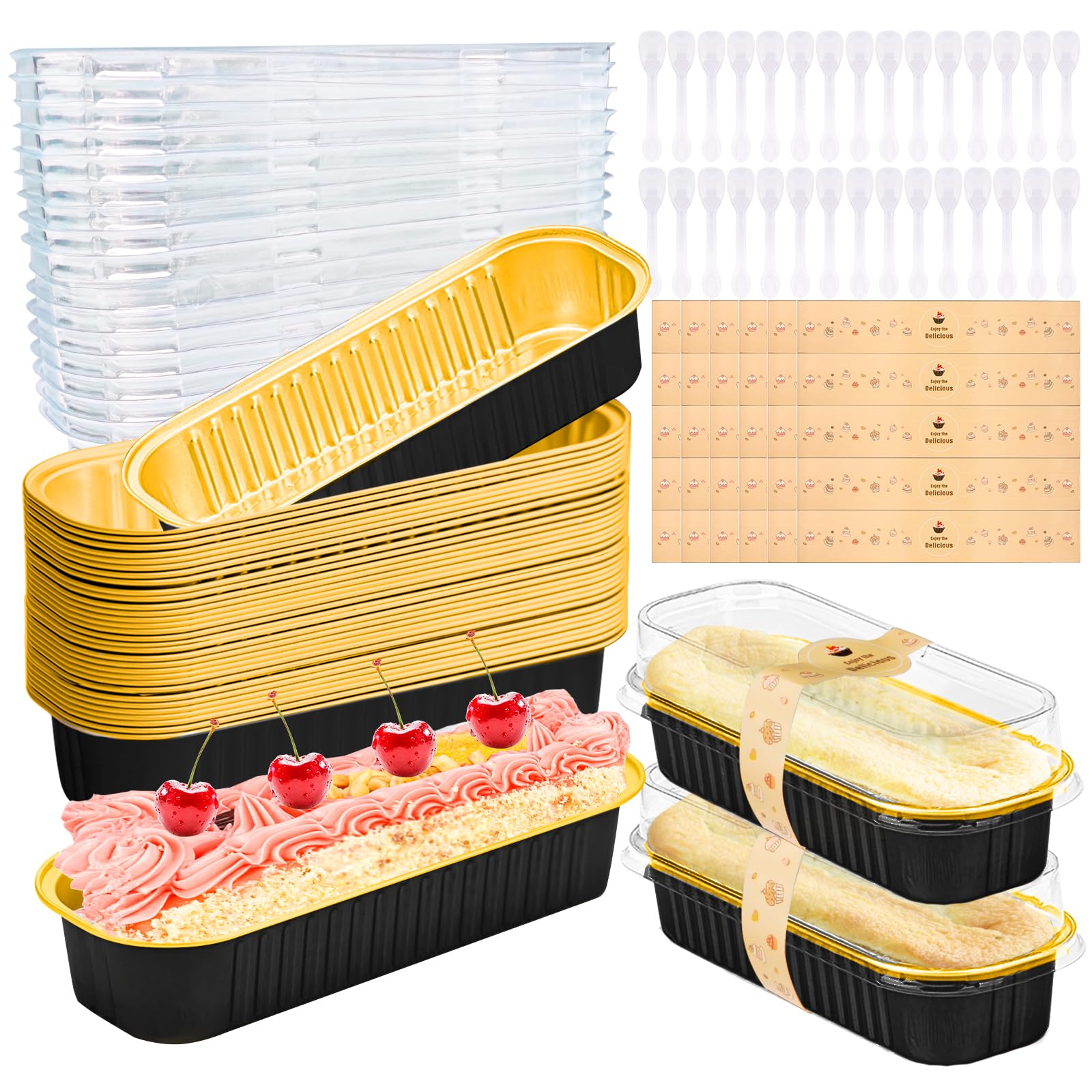 Furuising 120Pcs/30Set Mini Loaf Pans with Lids and Spoon, 200ml Aluminum Loaf Cake Cases, Reusable Foil Mini Loaf Tin, Baking Pans with Stickers for Cake Bread Baking (Black Gold)