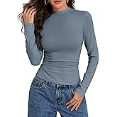 Mosocow Women's Cotton Long Sleeve Shirts Mock Neck Basic Tee Slim Fit Fall Casual Going Out Tops Fashion T Shirt