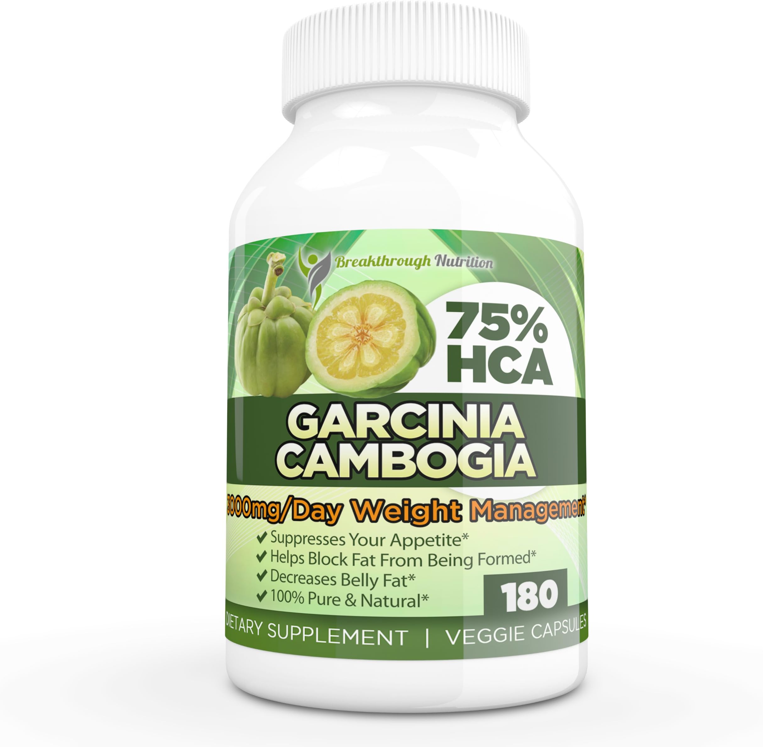 Garcinia Cambogia Pure Extract 75% HCA Breakthrough Nutrition's Potent Fat Burner - 180 Veggie Capsules - Most Effective and Potent Garcinia Cambogia on Amazon - Proven Weight-Loss Fat Burner and Natural Appetite Suppressant