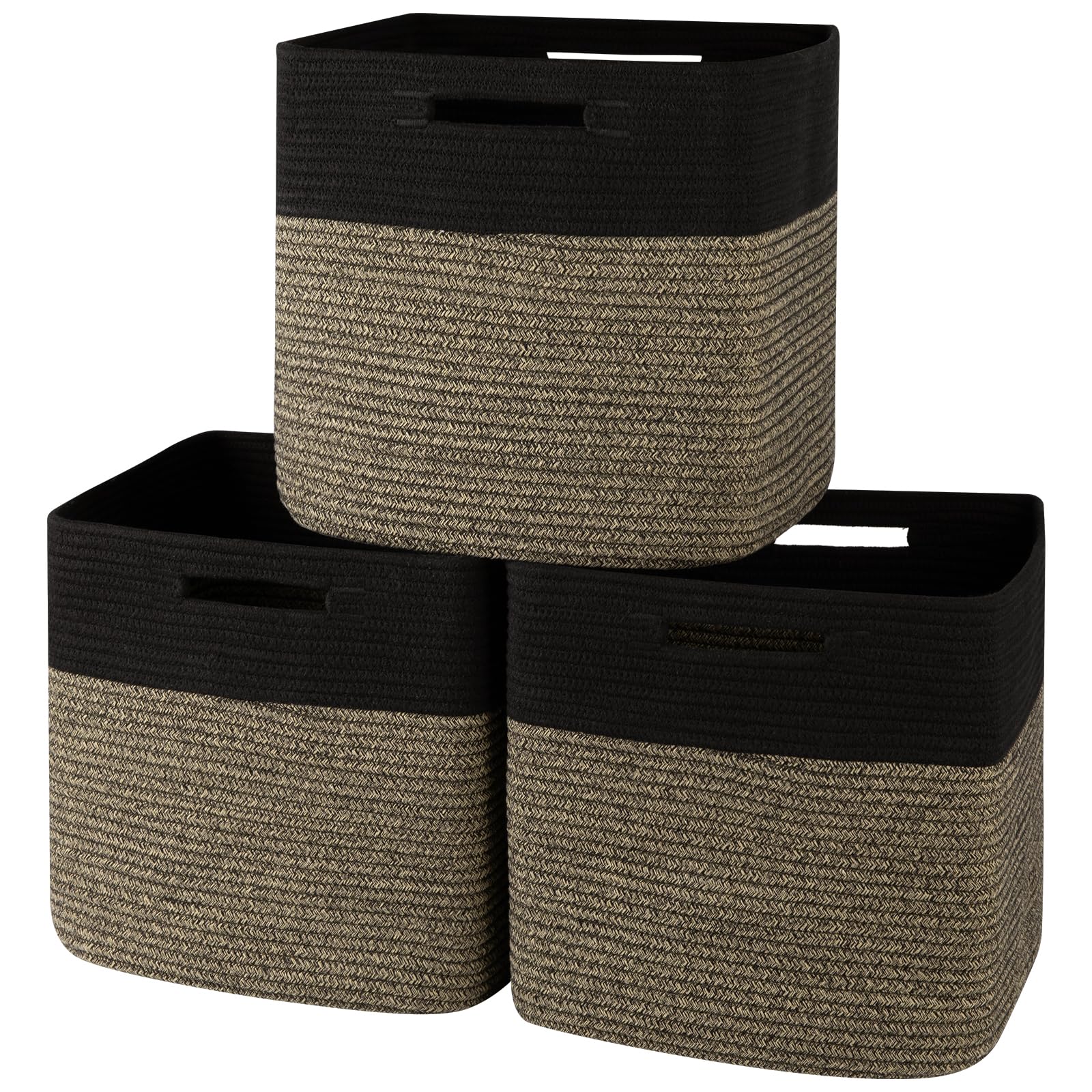 Photo 1 of OIAHOMY 13 Kallax Inch Cube Storage Bins, 3-Pack Cotton Rope Woven Baskets for Organizing, Kallax Insert Storage Baskets for Shelves, Baby Nursery, Closet Organizer, 13*13*12.6IN, Black & Mixed Brown