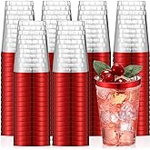 Patelai 100 Pcs Red Plastic Cups 12 oz Red Rimmed Plastic Cups Heavy Duty Disposable Wine Glasses Clear Cocktail Glasses Drinking Tumblers for Party Wedding Christmas Birthday