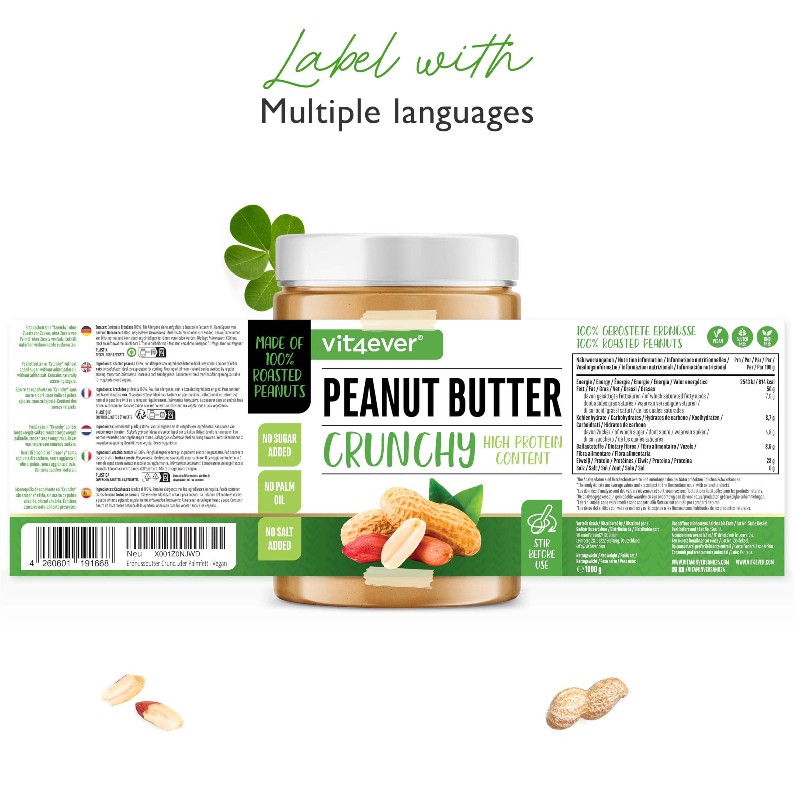 Erdnussbutter Crunchy - 1kg natürliche Peanut Butter Ohne Zusätze - High Protein - Erdnussmus ohne Zusätze von Salz, Öl oder Palmfett - Vegan 5
