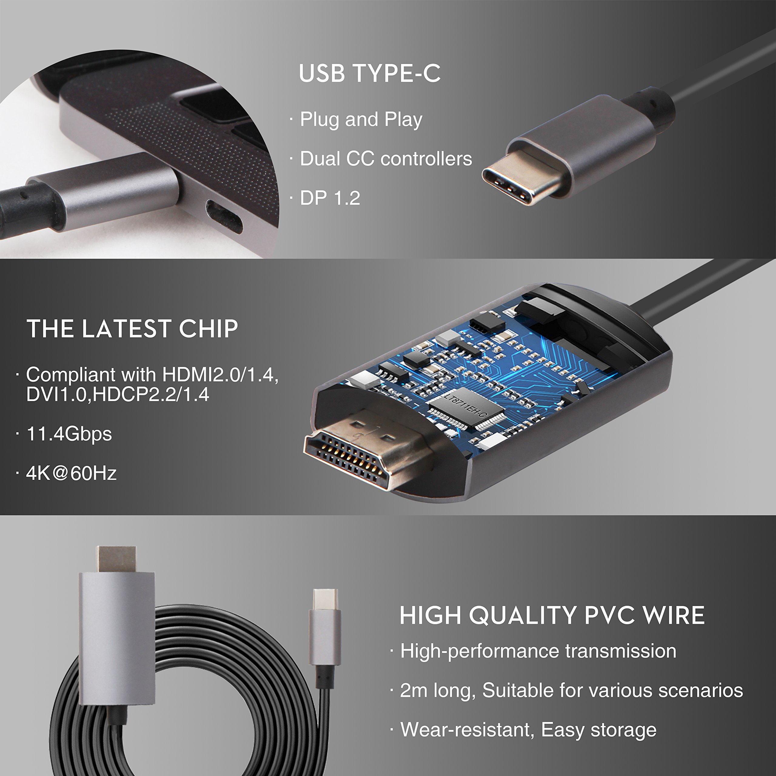 Cable USB C a HDMI 3D 4K*2K@60Hz, Cable USB 3.1 Tipo C a HDMI (Thunderbolt 3 Compatibles ) para 2017/2016 MacBook Pro, DELL Book, Galaxy Note 8/S8/S8 Plus, Huawei Mate 10 /10 Pro -2m (Plug & Play)