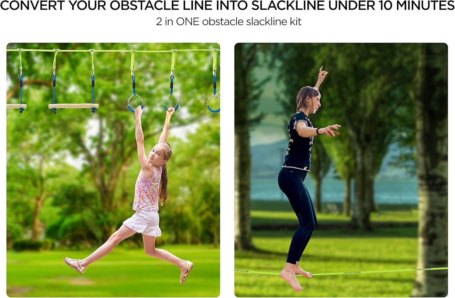 Ninja Obstacle Course Line Kit 40’ Slackline 8 Hanging Obstacles with Adjustable Buckles Tree Protectors Carry Bag Capacity 300lbs Outdoor Backyard Fun for Ninja Warrior Kids Adults Family: Sports & Outdoors