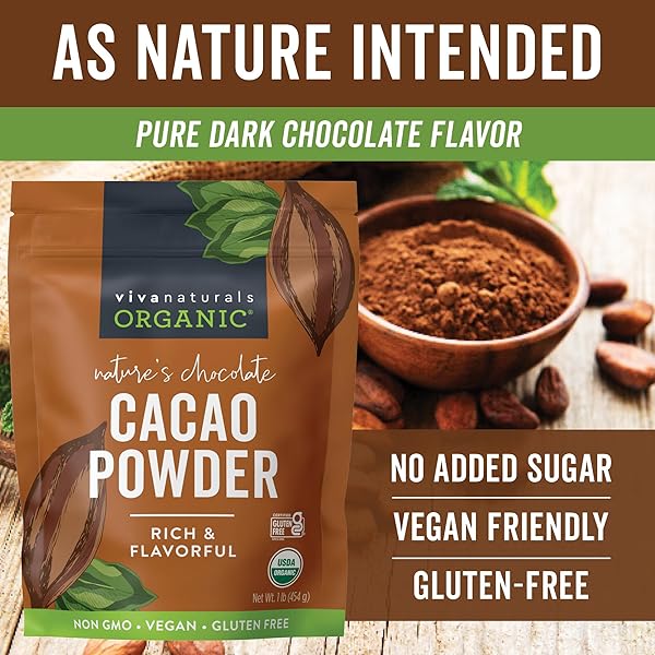VIVA NATURALS ORGANIC CACAO POWDER, 1LB – UNSWEETENED CACAO POWDER WITH RICH DARK CHOCOLATE FLAVOR, PERFECT FOR BAKING & SMOOTHIES, NON-GMO, CERTIFIED VEGAN & GLUTEN-FREE, 454 G