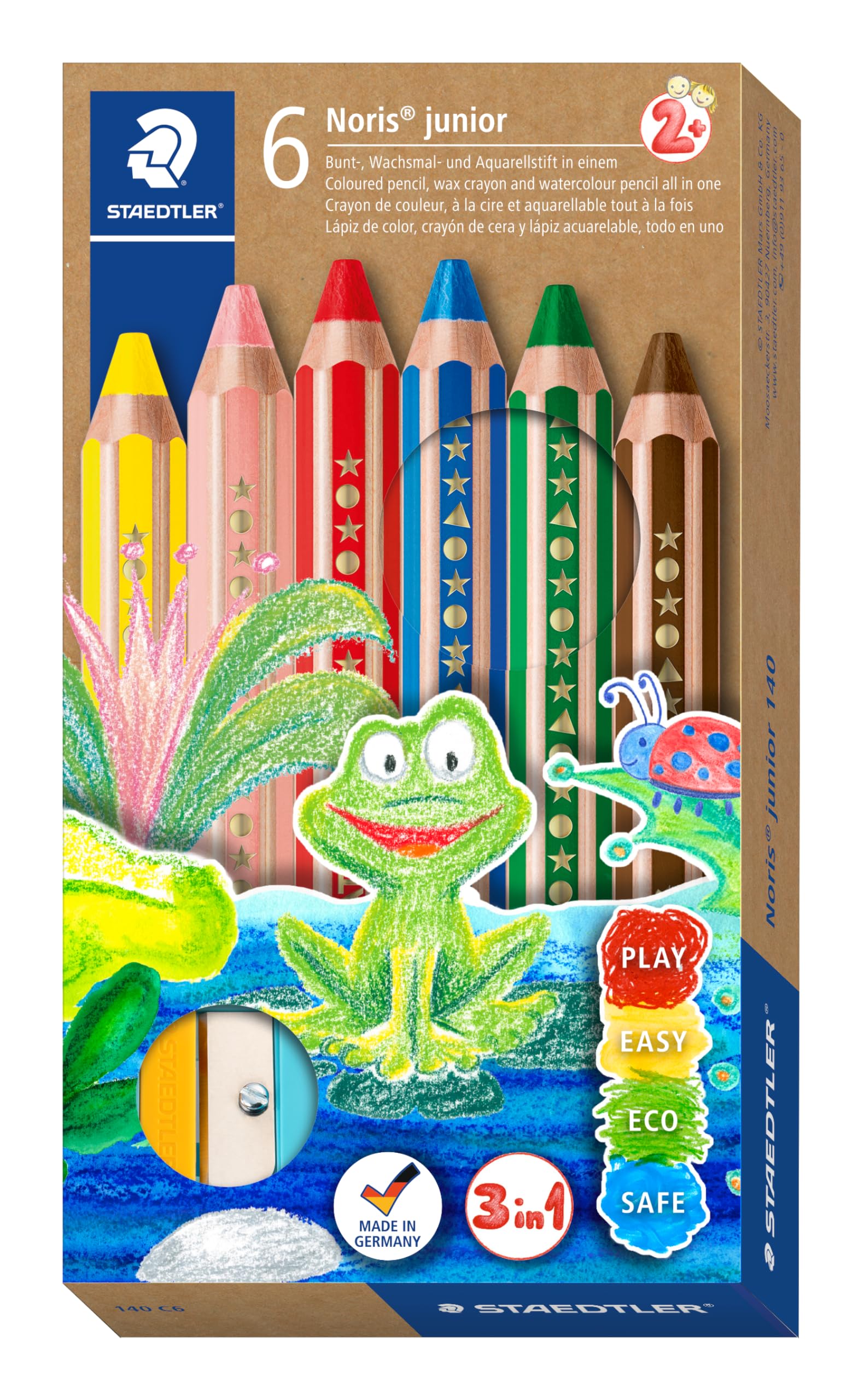 STAEDTLER 140 C6 Noris Junior 3-in-1 Colouring Pencils for Toddlers Aged 3+ - Assorted Colours (Pack of 6)