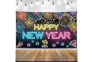 KatchOn, XtraLarge Neon Happy New Year Banner - 72x44 Inch | Neon New Year Backdrop 2026 | New Years Decorations 2026 | NYE Eve Banner For NYE Decorations 2026 | New Years Eve Party Supplies 2026