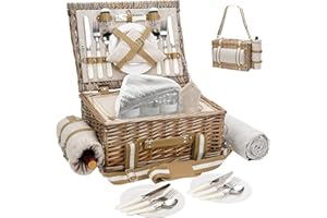 G GOOD GAIN 31Pcs Picnic Basket for 4 - Wicker Picnic Set with Waterproof Blanket & Wine Bag| Large Picnic Hamper with Insula