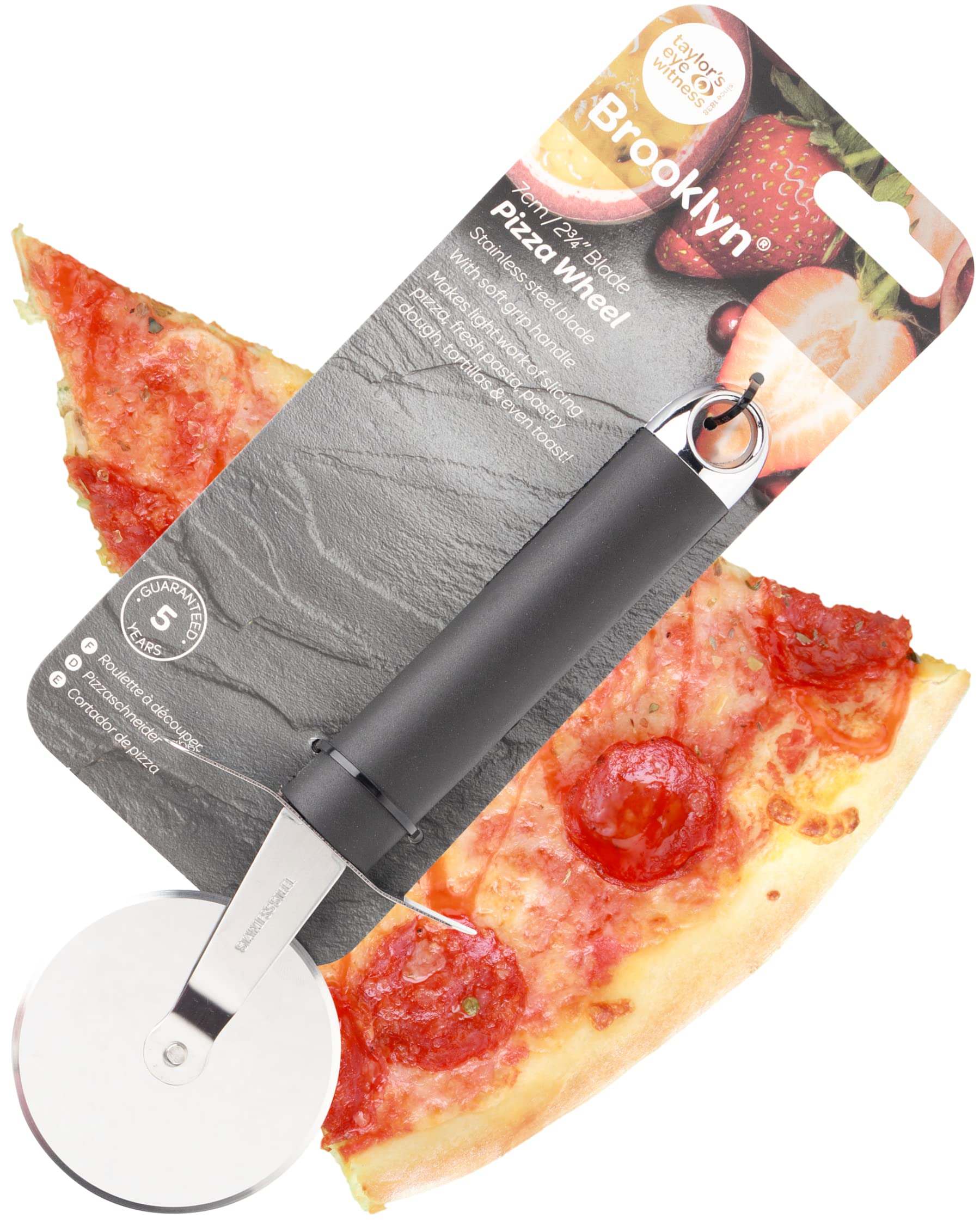 Steel Pizza Cutter Wheel Tool - Sturdy Stainless Steel Construction. Razor Sharp Pizza Slicer, Soft Grip Handle, Finger Guard for Safety, Also for Pastry, Pasta and Dough. 5 Year Guarantee