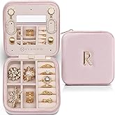 Vlando Travel Jewelry Box for Girls Women, Initial Jewelry Organizer Box Travel Must Haves Jewelry Case for Girls, Necklace Earrings Ring Box Travel Gifts for Sister Daughters - Letter R, Pink
