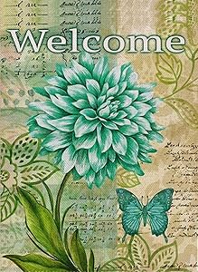 Dyrenson Home Decorative Welcome Quote Garden Flag Double Sided, Dahlia House Yard Flag, Summer Flower Vintage Garden Decorations, Butterfly Rustic Seasonal Burlap Floral Outdoor Flag 12 x 18