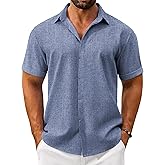 VOZZBY Linen Shirts for Men Casual Short Sleeve Button Down Shirt Beach Summer Vacation Wedding Cotton Tops