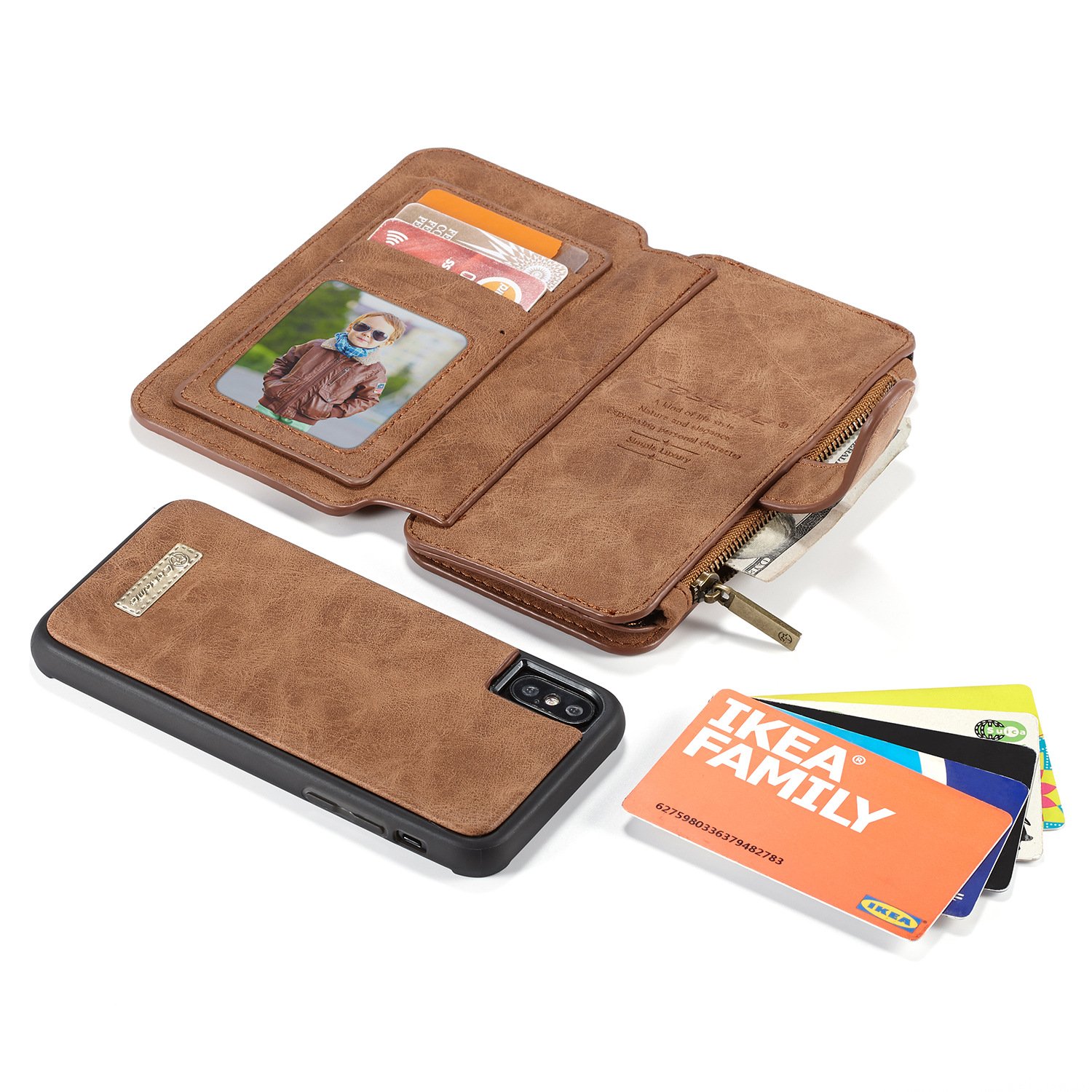 iPhone X Case Combo - Yamoo iPhone X Genuine Leather Wallet Case with Detachable Magnetic Hard Case, Card Holder (Brown), iPhone X 3D Full Coverage HD Clear 9H Tempered Glass Screen Protector