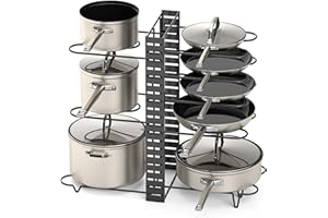 VDOMUS Pan Organizer Rack with 3 DIY Methods, Height Adjustable Kitchen Pan and pot Lid Holder (Black)