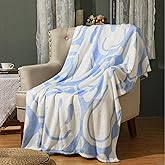 Frienda Preppy Throw Blanket Smile Face Cute Flannel Soft Plush Fuzzy Blanket Preppy Bedding Stuff for Dormitory Living Room 50" x 60"(Blue Distort Smile Face)