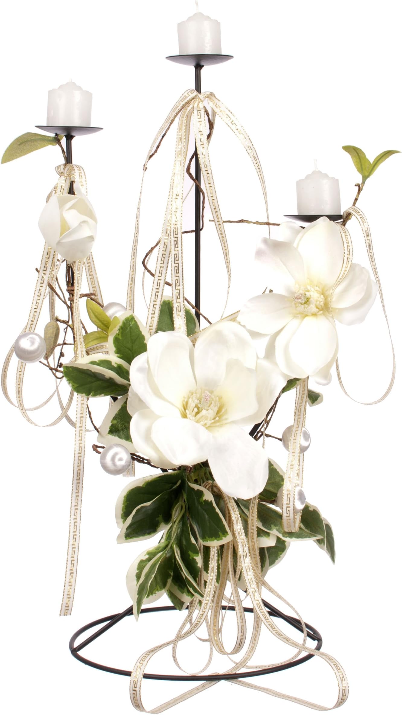 Closer To Nature Artificial 50cm 'Real Touch' White Rose and Candle Display - Artificial Floral Displays & Arrangements