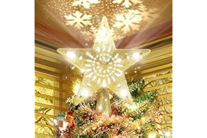 ACKSONSE Christmas Tree Topper Star Lighted with Rotating Snowflake LED Projector, Gold Star 3D Glittered Christmas Xmas Tree Decorations Projector Angle Adjustable