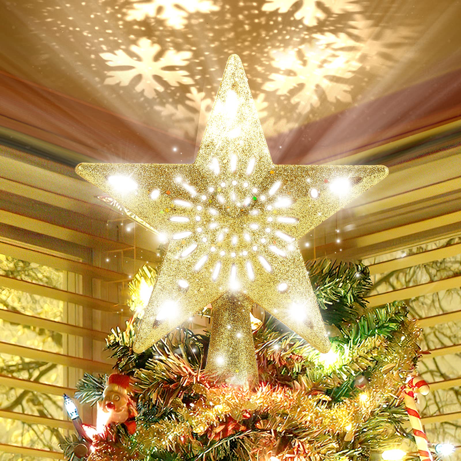 Photo 1 of *USED*
Christmas Tree Topper Star Lighted with Rotating Snowflake LED Projector, Gold Star 3D Glittered Christmas Xmas Tree Decorations Projector Angle Adjustable