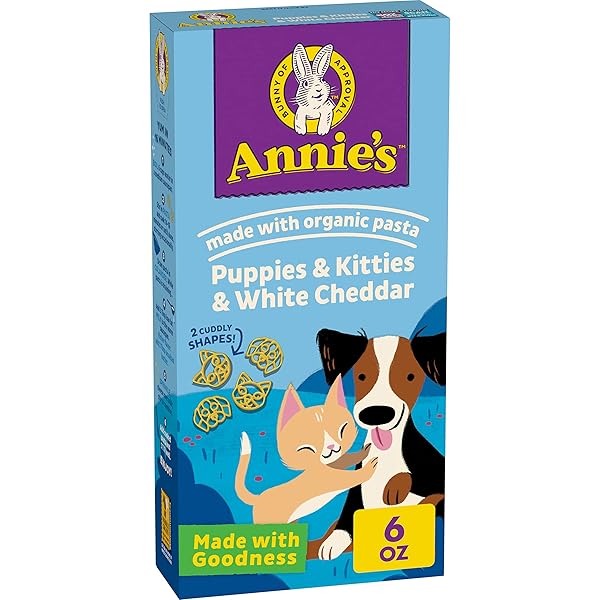 ANNIE’S PUPPIES AND KITTIES AND WHITE CHEDDAR PASTA AND CHEESE, MADE WITH REAL CHEESE AND ORGANIC PASTA, 6 OZ
