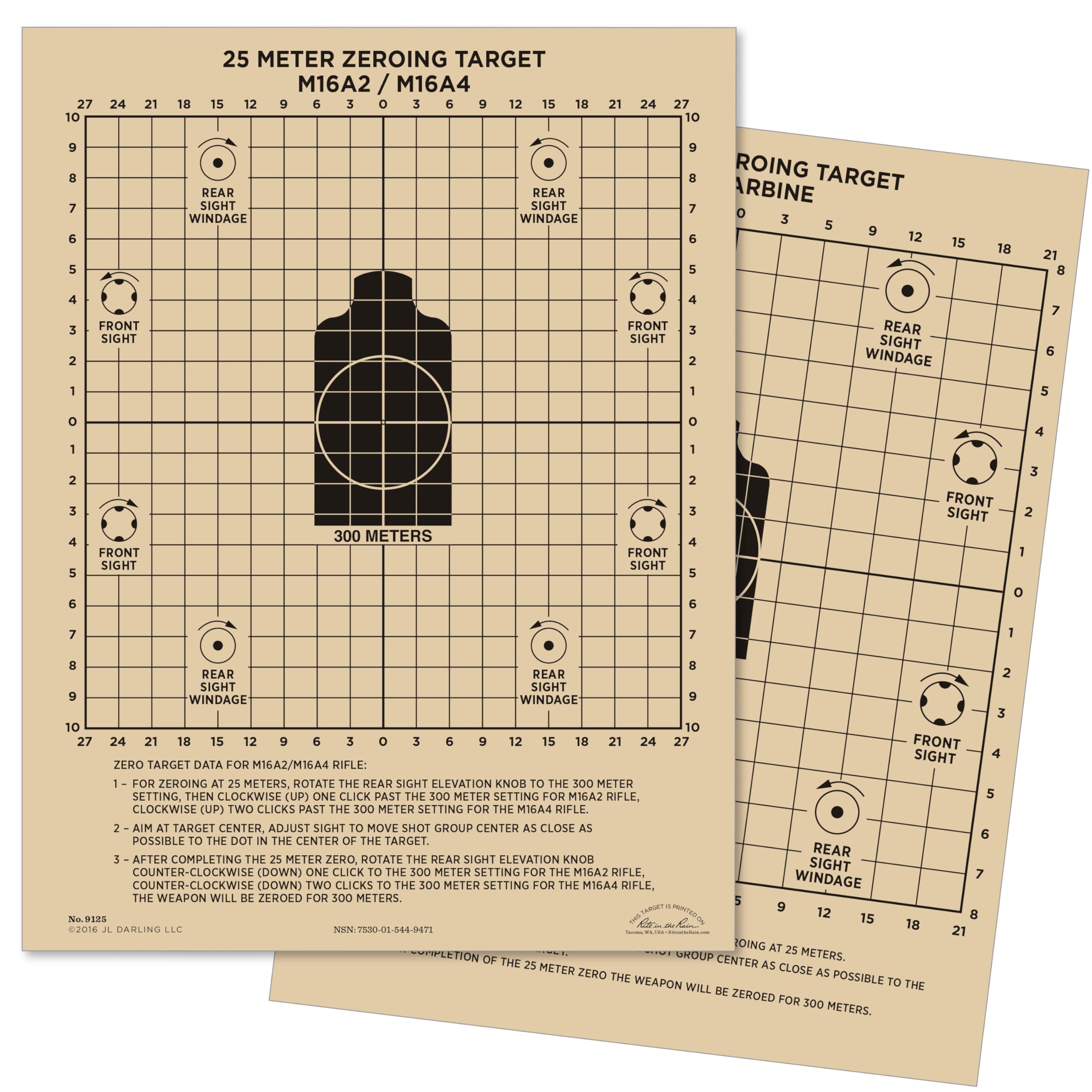 Rite in the Rain Weatherproof 25 Meter Target, 8.5" x 11", Tan, M16A2 / M16A4 Front, M4 CARBINE Back, 100 Sheet Pack (No. 9125)