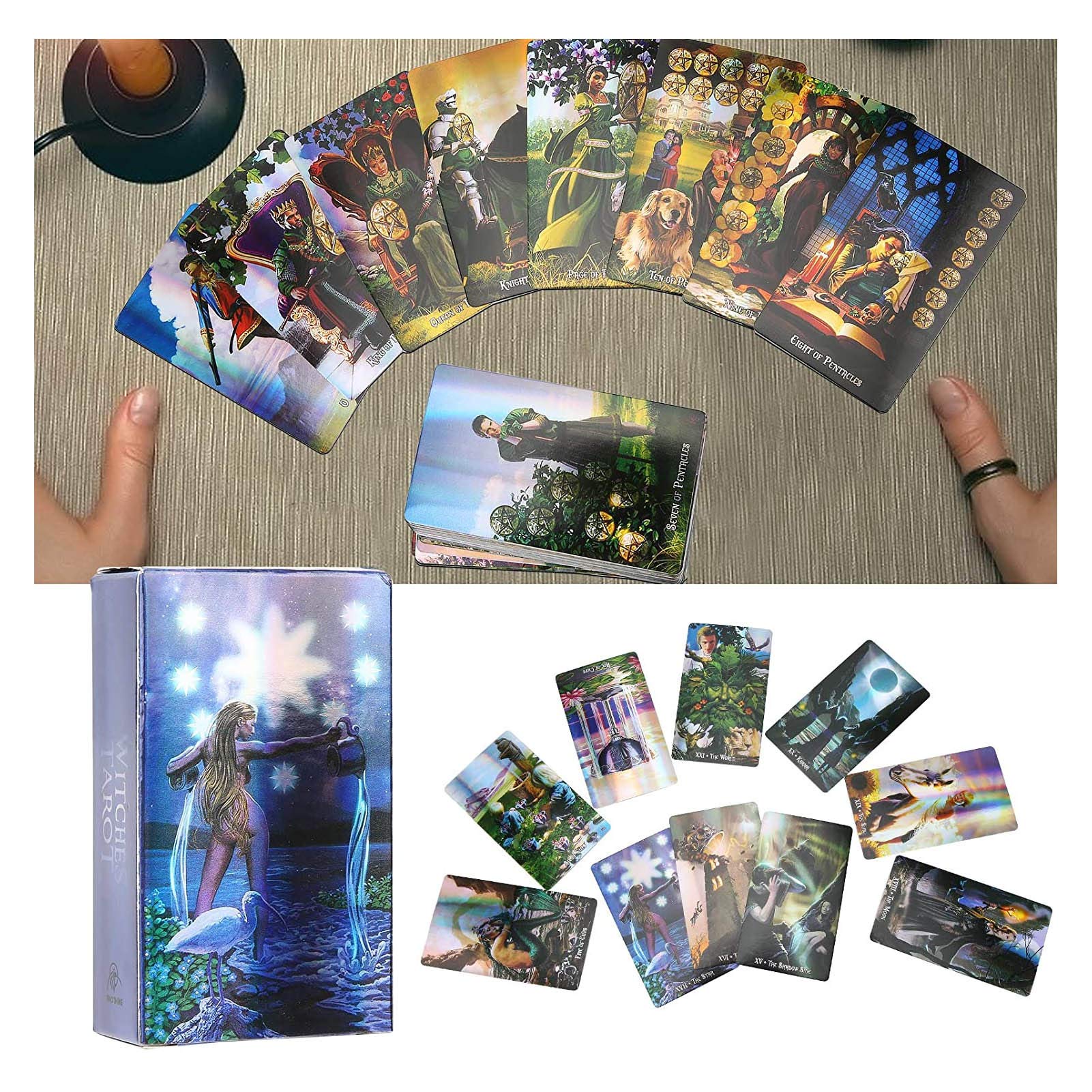 Yitengteng Entertainment Tools Witch Tarot Cards Deck Future Telling Game with Hologram Paper Divination Card Unknown Tarot Deck Interactive Board Game