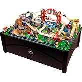 KidKraft Metropolis Wooden Train Set &amp; Table with 100 Pieces and Storage Drawer - Espresso