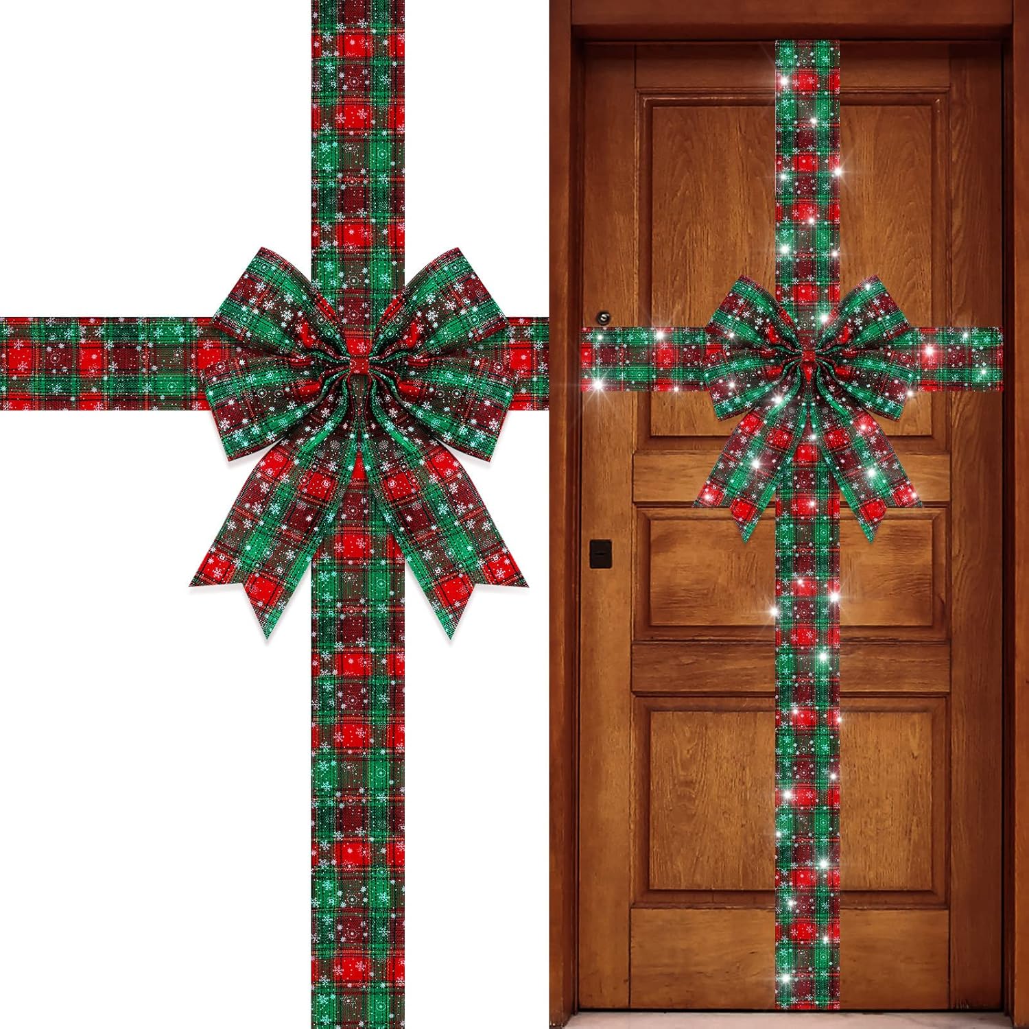 Bows & Ribbons - Spiareal Christmas Cabinet Door Ribbon Bow with LED Light Large Glowing Wreath Tree Festival Wrapping Decorations for Fireplace Home Front (Red Green Plaid)